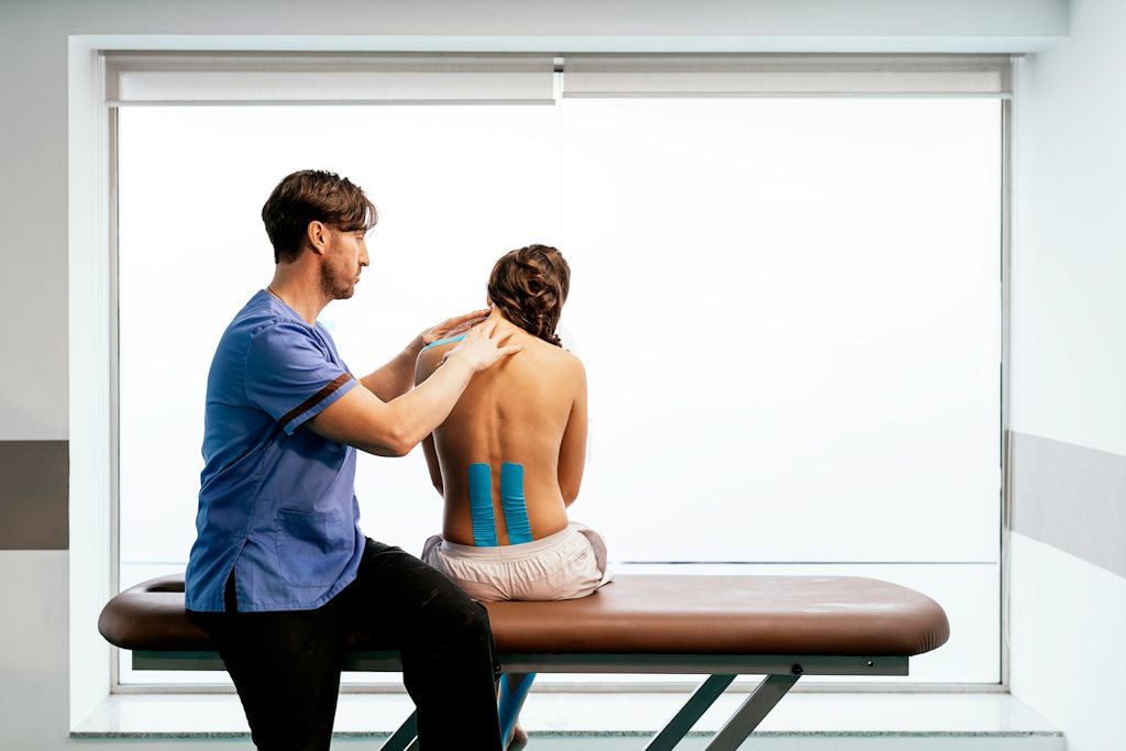Un kinésithérapeute fait un massage à l'épaule d'une patiente vue de dos.